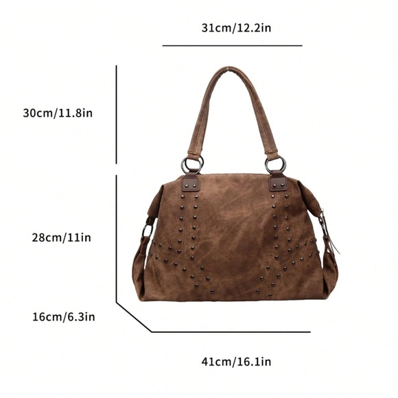 Classic Vintage Wash Brown Vegan Leather Studded large Tote Shoulder Bag - Picture 5 of 5